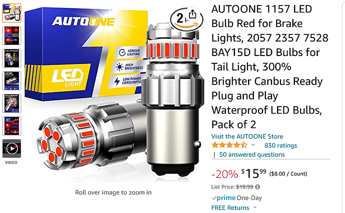 Screenshot 2023-03-12 at 14-06-13 Amazon.com AUTOONE 1157 LED Bulb Red for Brake Lights 2057 2357 7528 BAY15D LED Bulbs for Tail Light 300% Brighter Canbus Ready Plug and Play Waterproof LED Bulbs Pack of 2 Automotive